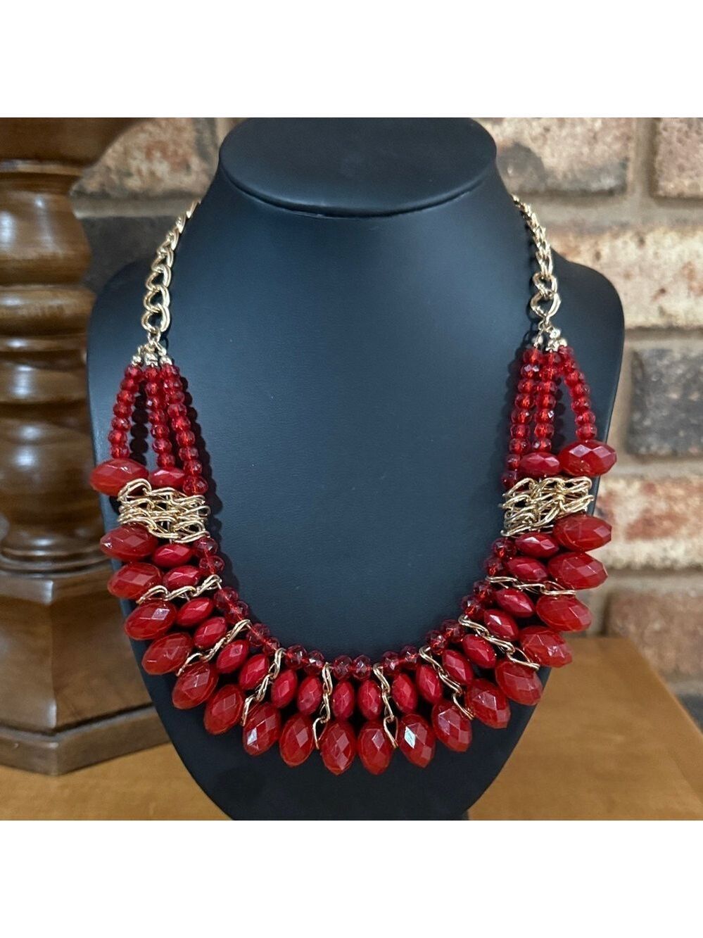 Vintage Red beaded and gold tone statement necklace
